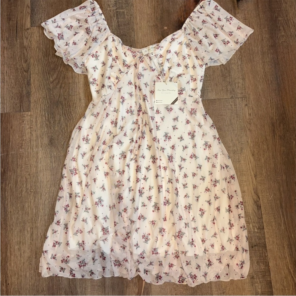 See You Monday Cream Mini Dress with Pink Floral Print